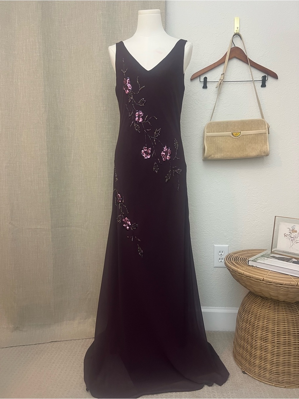 Women’s Vintage 90s Y2K Stenay Plum Beaded Slip Maxi Gown Fairycore Size 10-14
